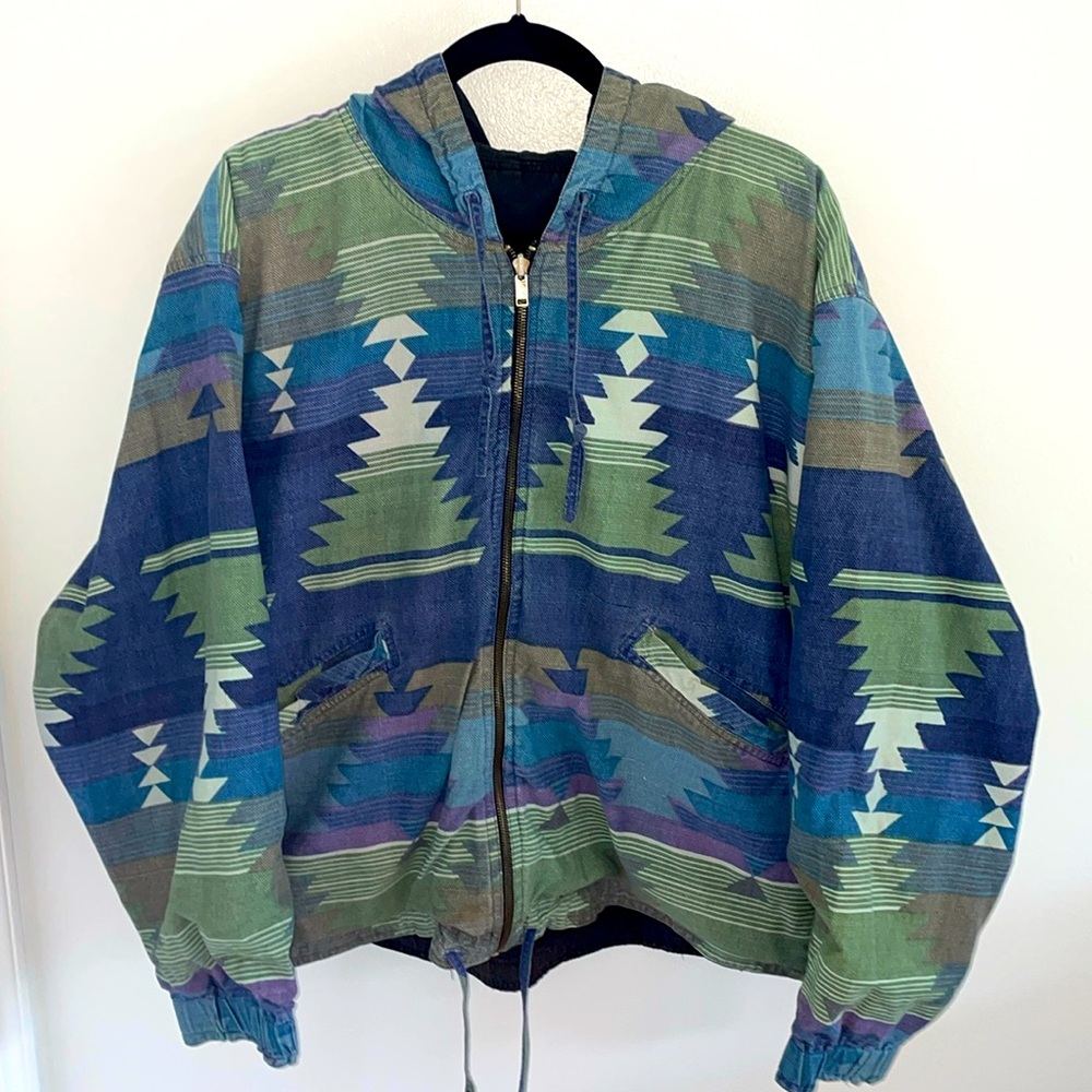 Vintage reversible Aztec print hooded bomber jacket